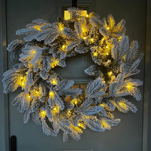 Load image into Gallery viewer, 60cm Premium Mixed branch prelit Snow Flocked Christmas Wreath - with timer