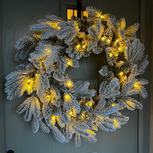 Load image into Gallery viewer, 60cm Premium Mixed branch prelit Snow Flocked Christmas Wreath - with timer