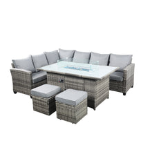 Load image into Gallery viewer, The Conwy 8 Seat Corner Gas Firepit Rattan Dining Set Dark Grey