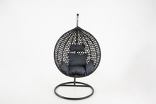 Load image into Gallery viewer, The Onyx Black Hanging Swing Pod Egg Chair - Large with deep Grey Cushions