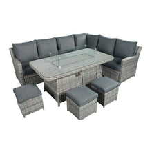 Load image into Gallery viewer, The Windermere Grey Aluminium 9 Seat Corner Gas Firepit Rattan Dining Set

