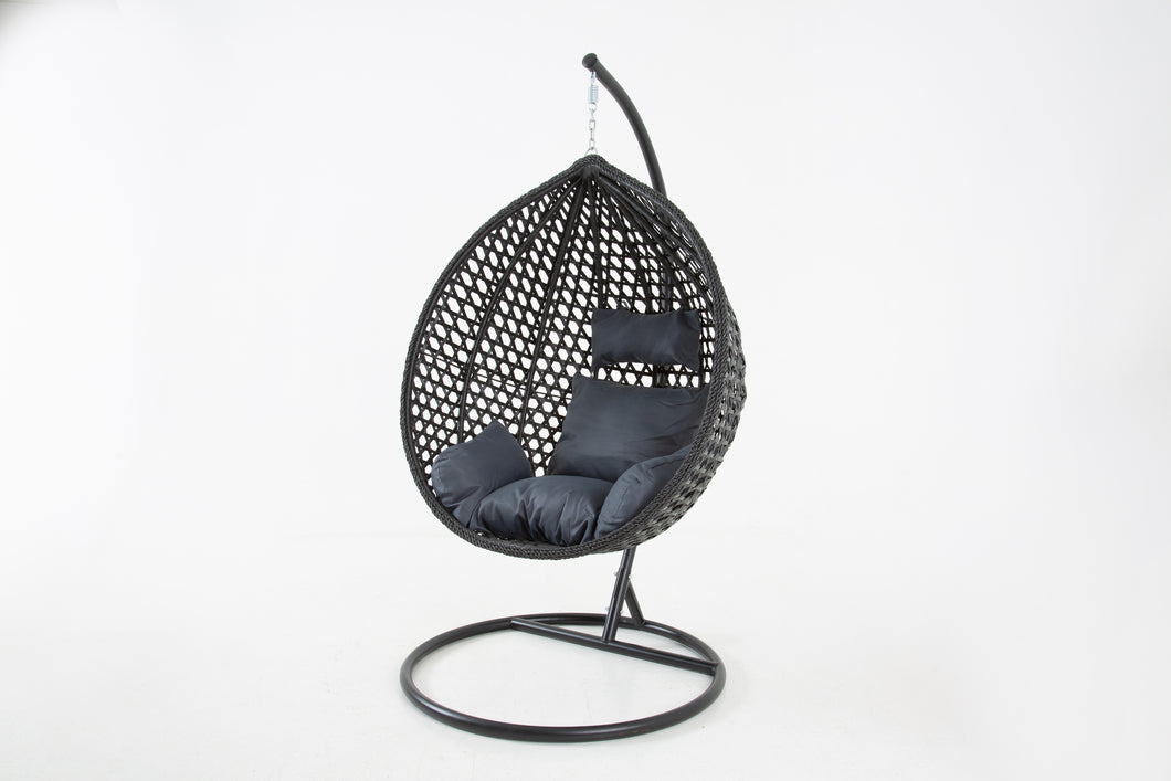 The Onyx Black Hanging Swing Pod Egg Chair - Large with deep Grey Cushions