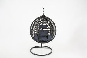 The Onyx Black Hanging Swing Pod Egg Chair - Large with deep Grey Cushions