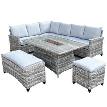 Load image into Gallery viewer, The Maldives Grey Aluminium 9 Seat Corner Gas Firepit Rattan Dining Set
